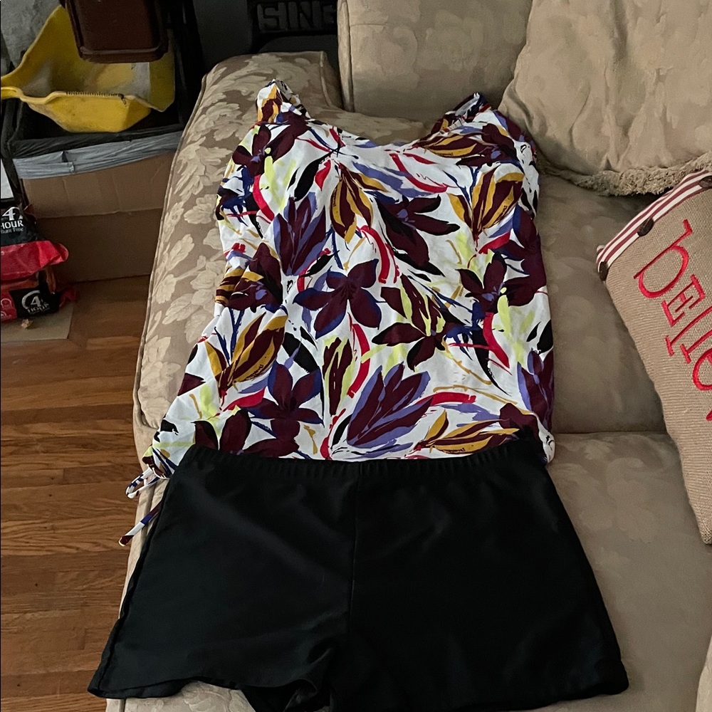 Floral Tankini Top with Black Swim Shorts